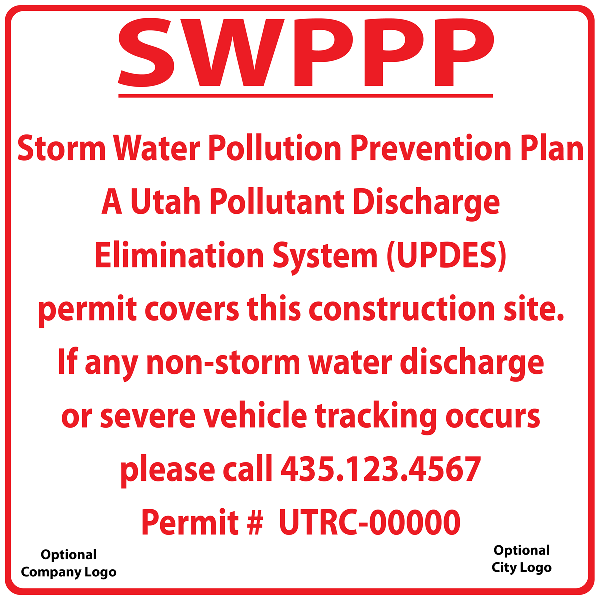 Commercial 4x4 SWPPP construction site sign